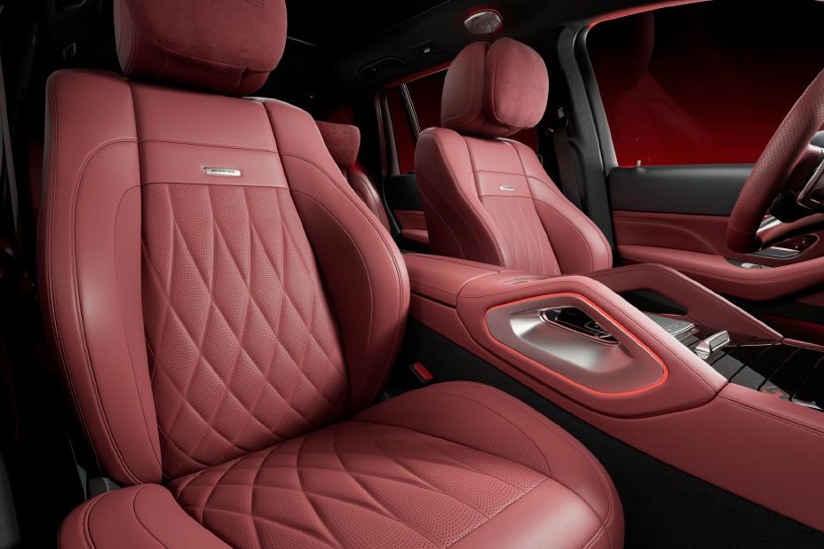 Carmine Red and Black Nappa leather, red carbon fiber trim in the 2026 Mercedes-AMG® GLS 63 Arctic Silver Edition