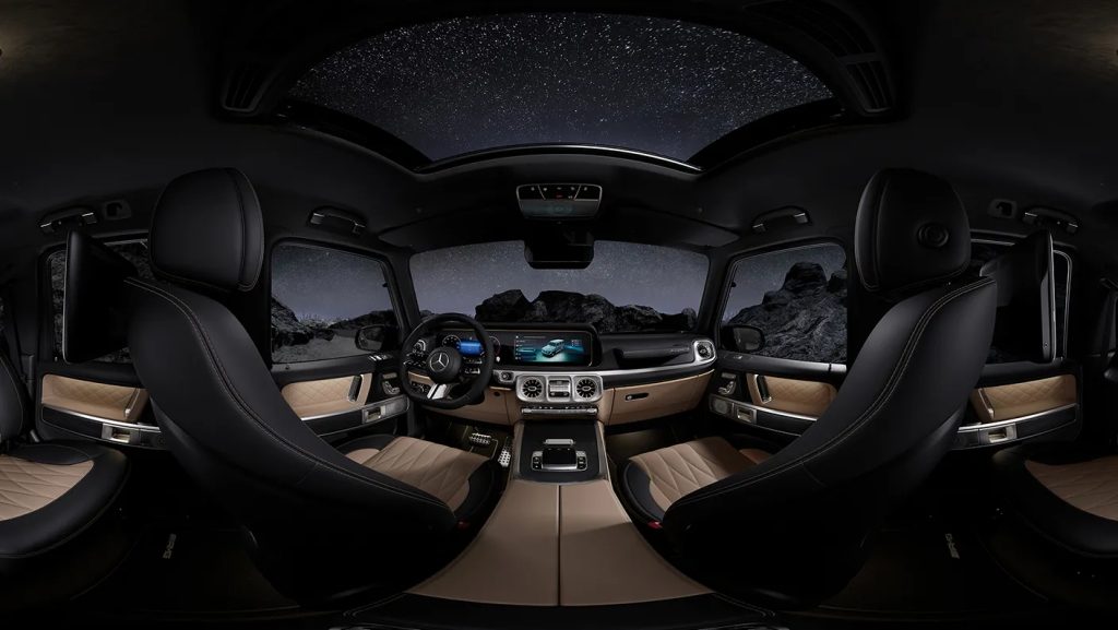 Interior of a Mercedes-Benz G-Wagen with panoramic glass roof, inspiring what a smaller Mini G-Wagen interior might look like.