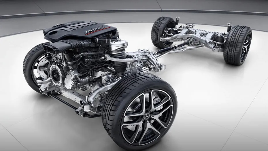 Detailed view of the Mercedes-AMG® GLE 53 4MATIC+ drivetrain showcasing its performance-tuned engine and suspension system.
