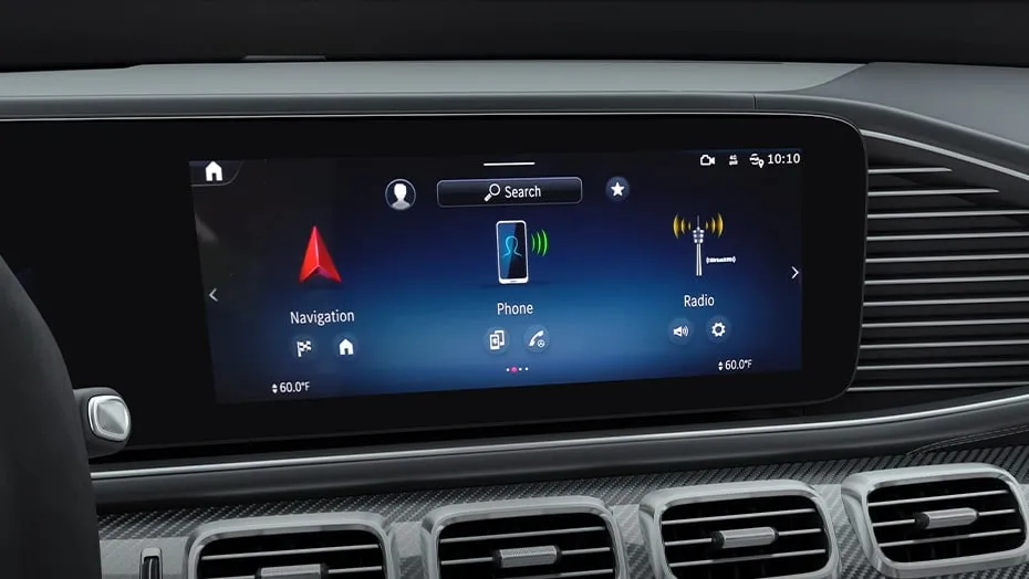Interior view of the 2026 Mercedes-AMG® GLE 53 dashboard featuring the MBUX touchscreen display and digital cockpit.