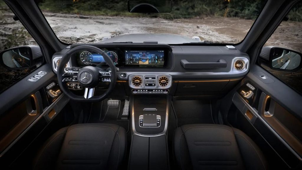 Interior of a Mercedes-Benz G-Class with digital displays, offering a preview of features anticipated in the Baby G-Wagen and mini G-Wagen.