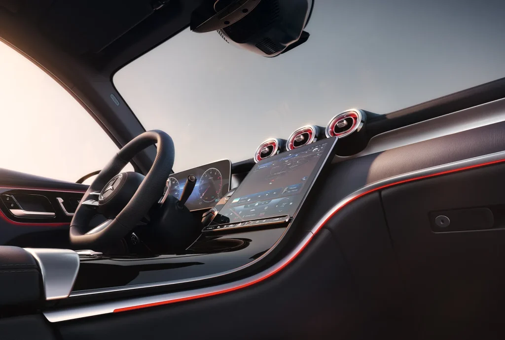 Interior of the 2026 Mercedes-Benz GLC EV featuring a digital dashboard and luxury infotainment system for Chicago drivers