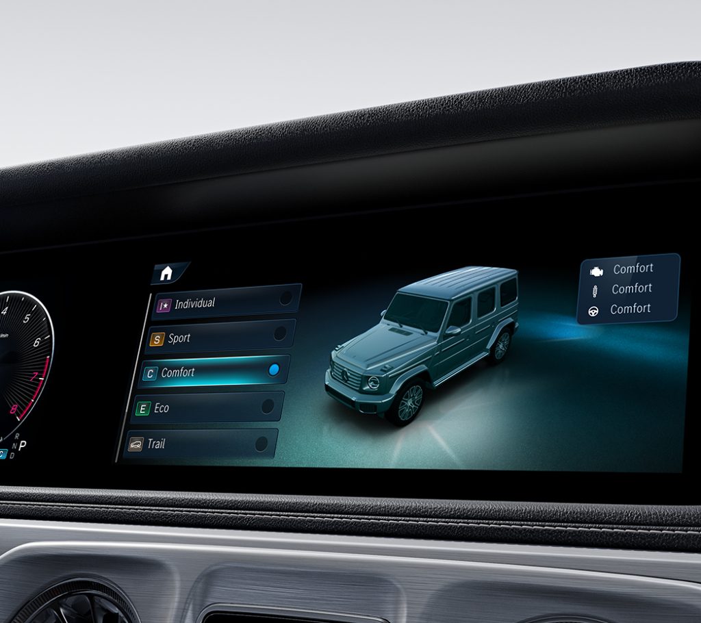 Interior display of the new Mercedes Baby G-Class featuring drive modes, revealing the compact G-Wagen’s modern technology.