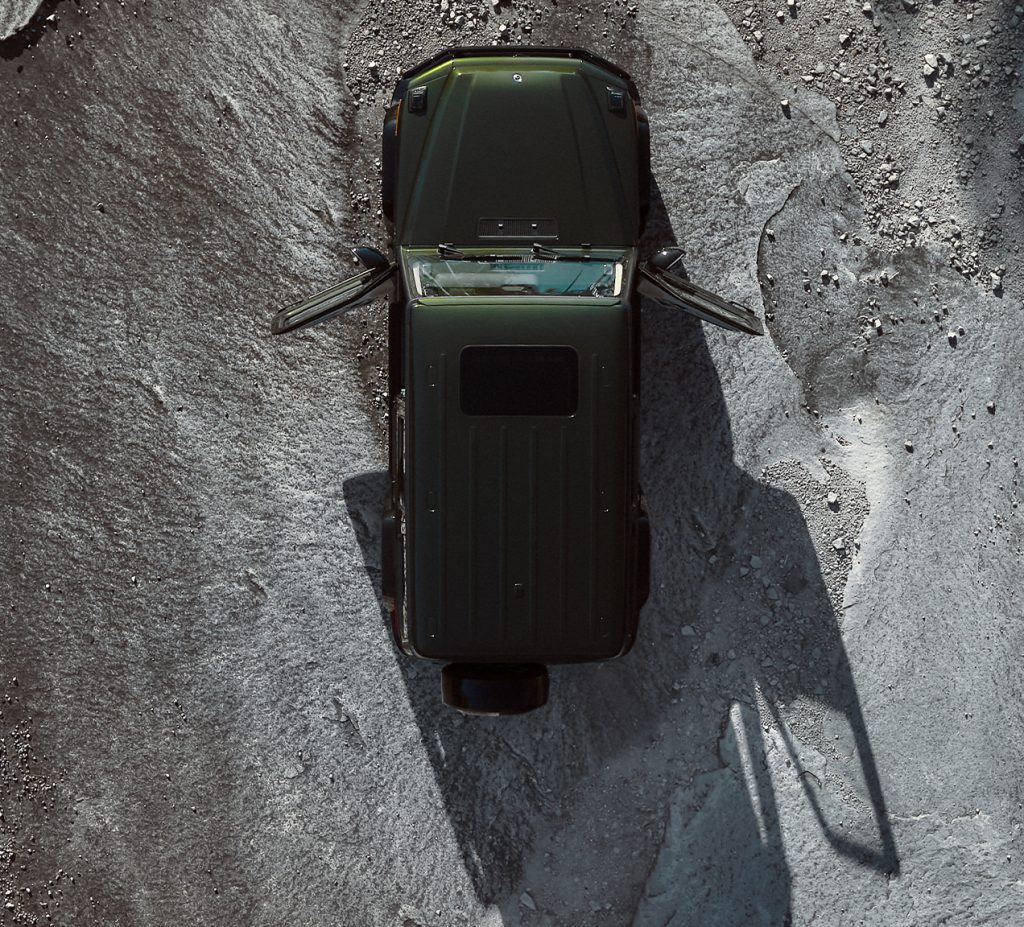 Aerial view of the Mercedes Baby G-Class showing its compact footprint and iconic G-Wagen shape.