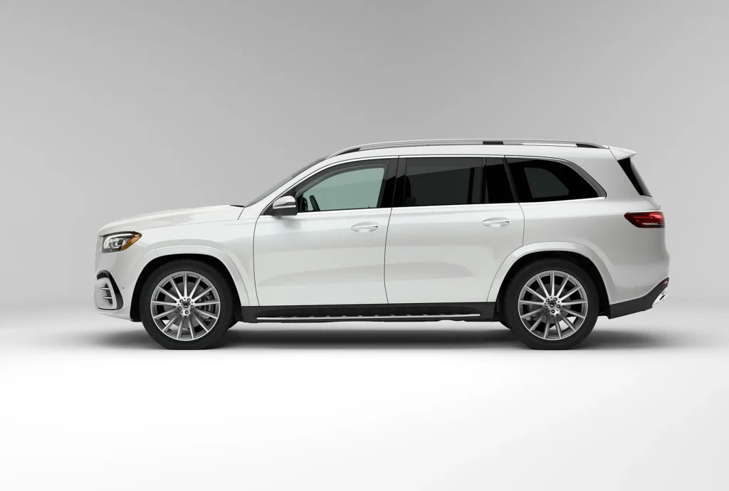 Side view of the 2026 Mercedes-Benz GLS highlighting full-size SUV proportions versus Audi Q7, Audi Q5, and Lexus RX.