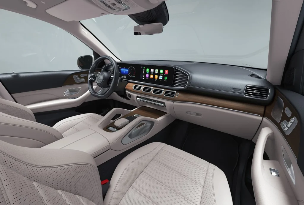 Dashboard and cabin layout of the 2026 Mercedes-Benz GLS shown in a luxury SUV comparison with Audi Q7, Audi Q5, and Lexus RX.