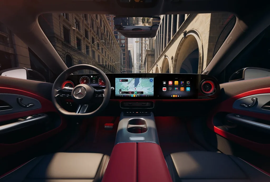 Interior of the new Mercedes-Benz CLA Electric with wide digital displays and a modern dashboard, showing the cabin tech coming soon.