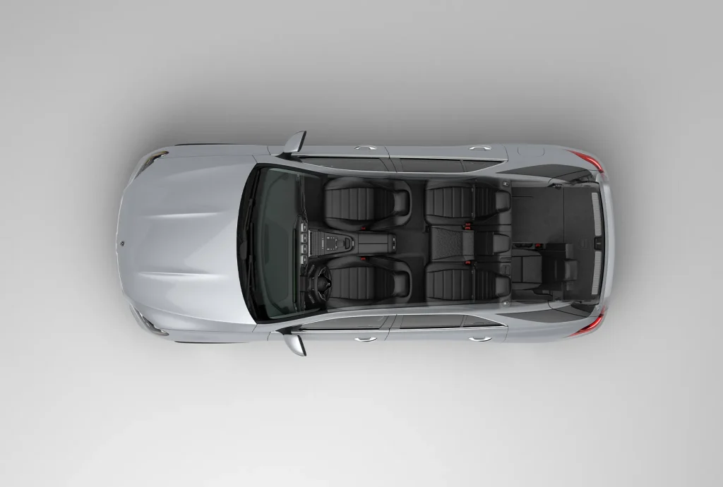 Top-down view of a Mercedes-Benz interior seating layout, showing the spacious cabin design found in the best Mercedes-Benz family cars available right now.