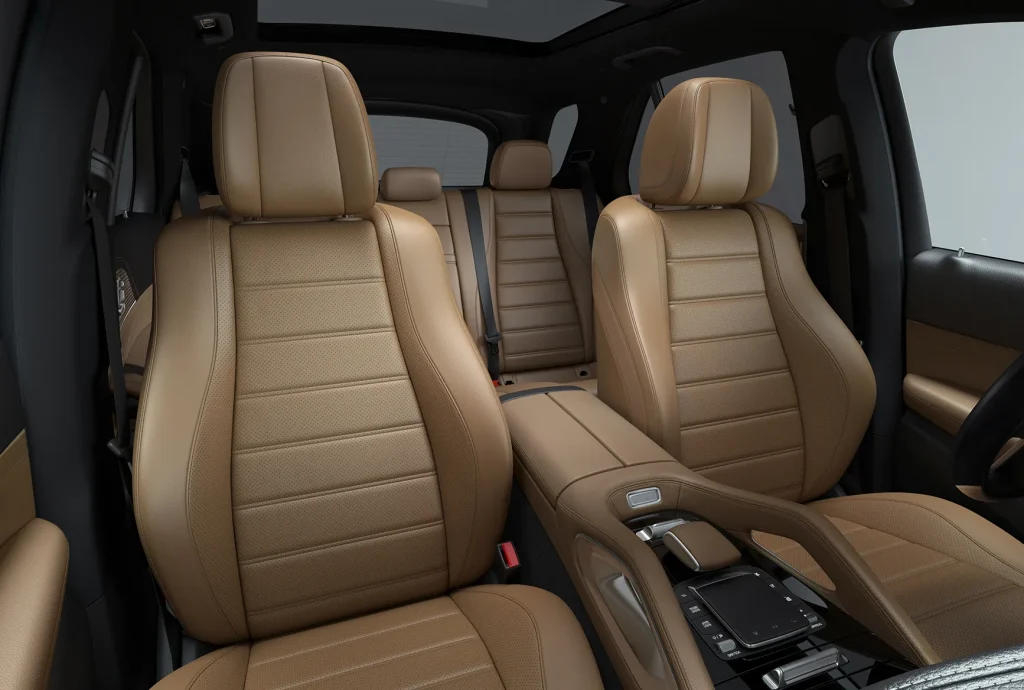 Tan leather interior seating inside the 2027 Mercedes-Benz GLE luxury SUV.