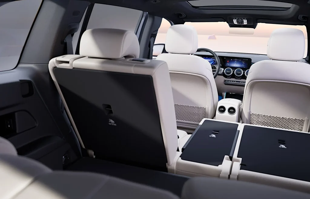 Mercedes-Benz EQB interior showing rear seating and cargo space flexibility for family trips.