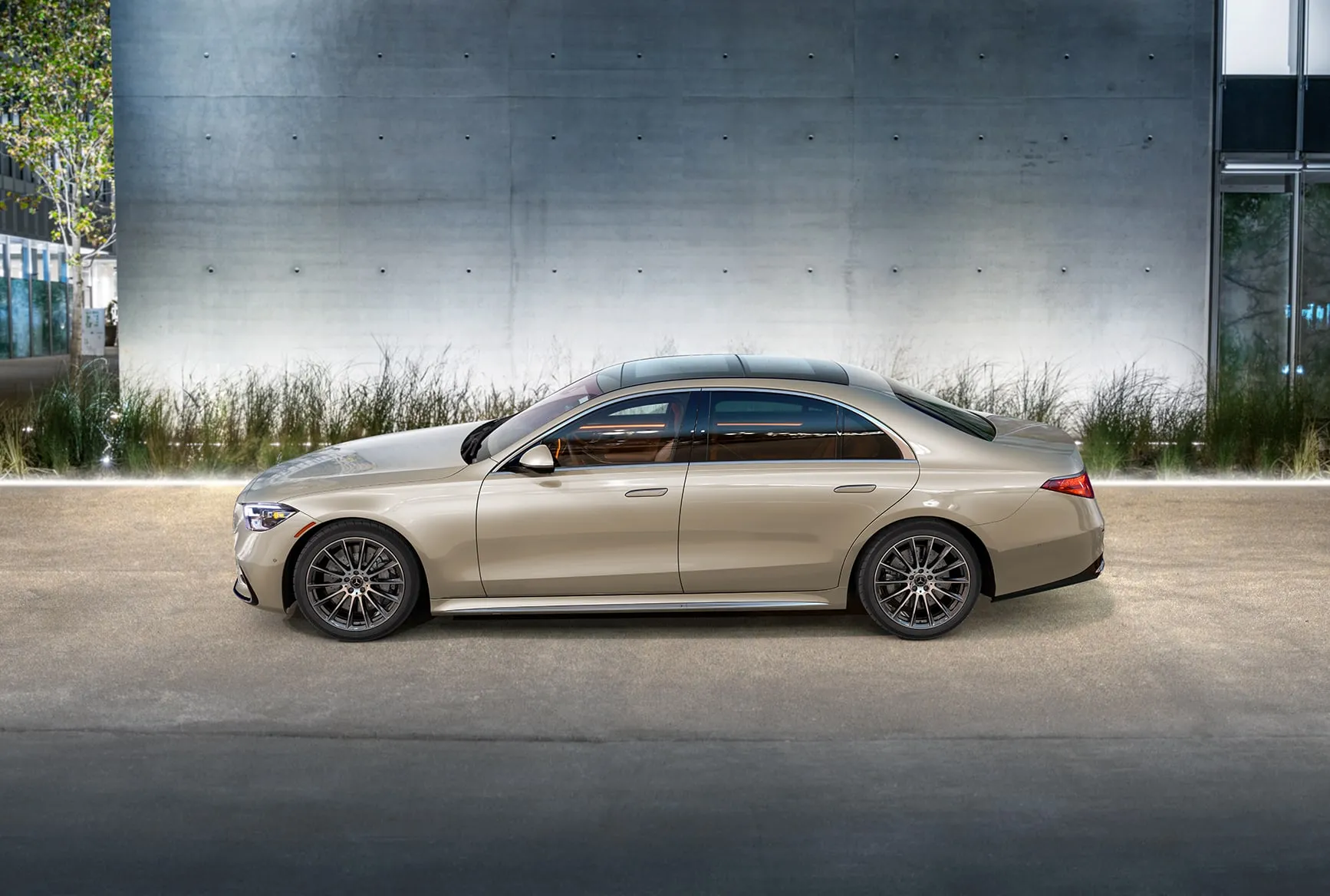 2027 Mercedes-Benz S-Class flagship sedan shown from the side with elegant luxury styling.