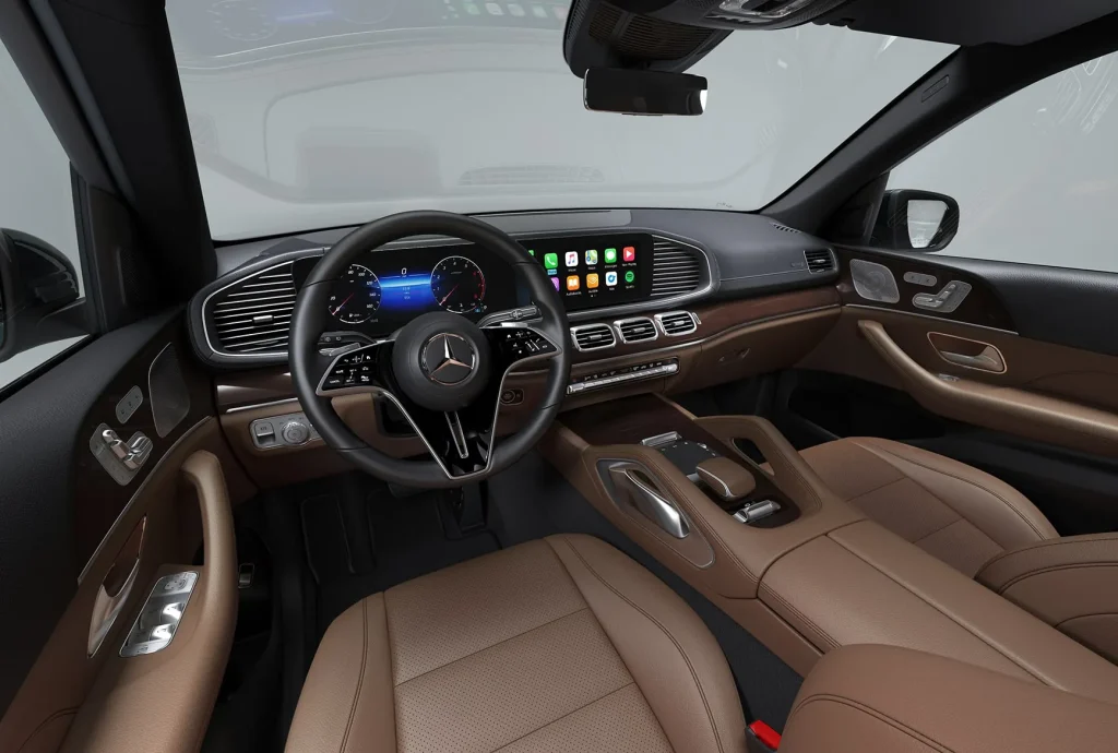 2027 Mercedes-Benz GLS cockpit with digital displays, leather seating, and luxury SUV interior design.