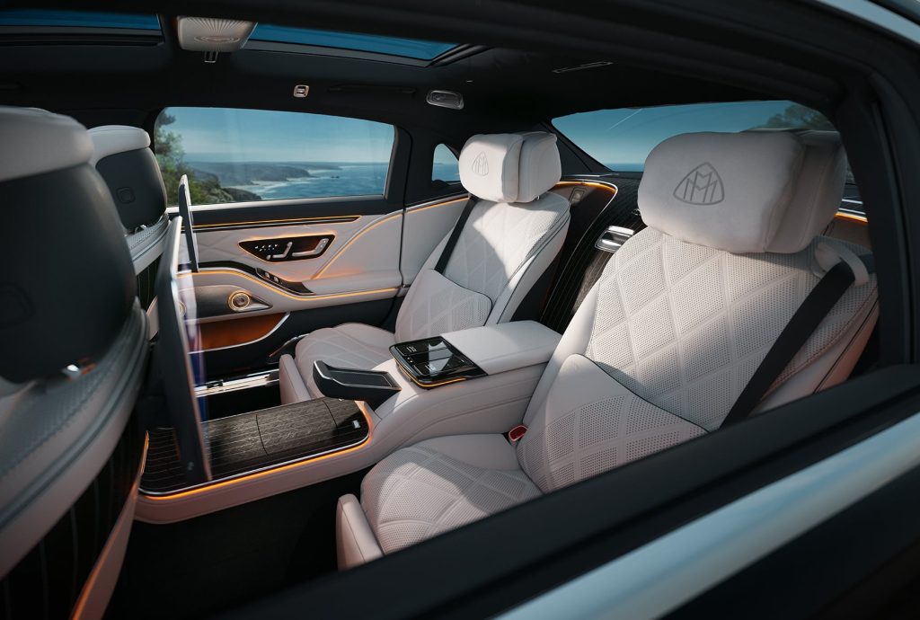 Rear cabin of the 2027 Mercedes-Maybach S-Class featuring white quilted leather seats.