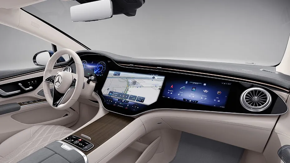 Mercedes-Benz EQS interior dashboard with MBUX Hyperscreen display and premium luxury cabin design