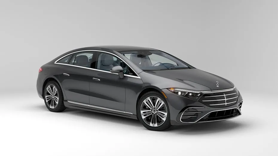 Mercedes-Benz EQS luxury electric sedan in dark gray shown from the front three-quarter view