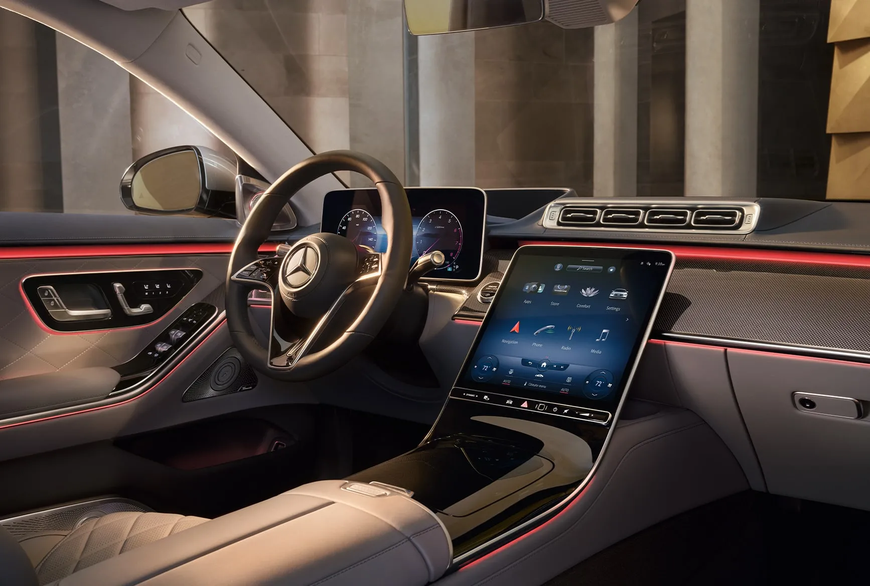 2027 Mercedes-Benz S-Class cabin with digital dashboard, touchscreen display, ambient lighting, and luxury trim.