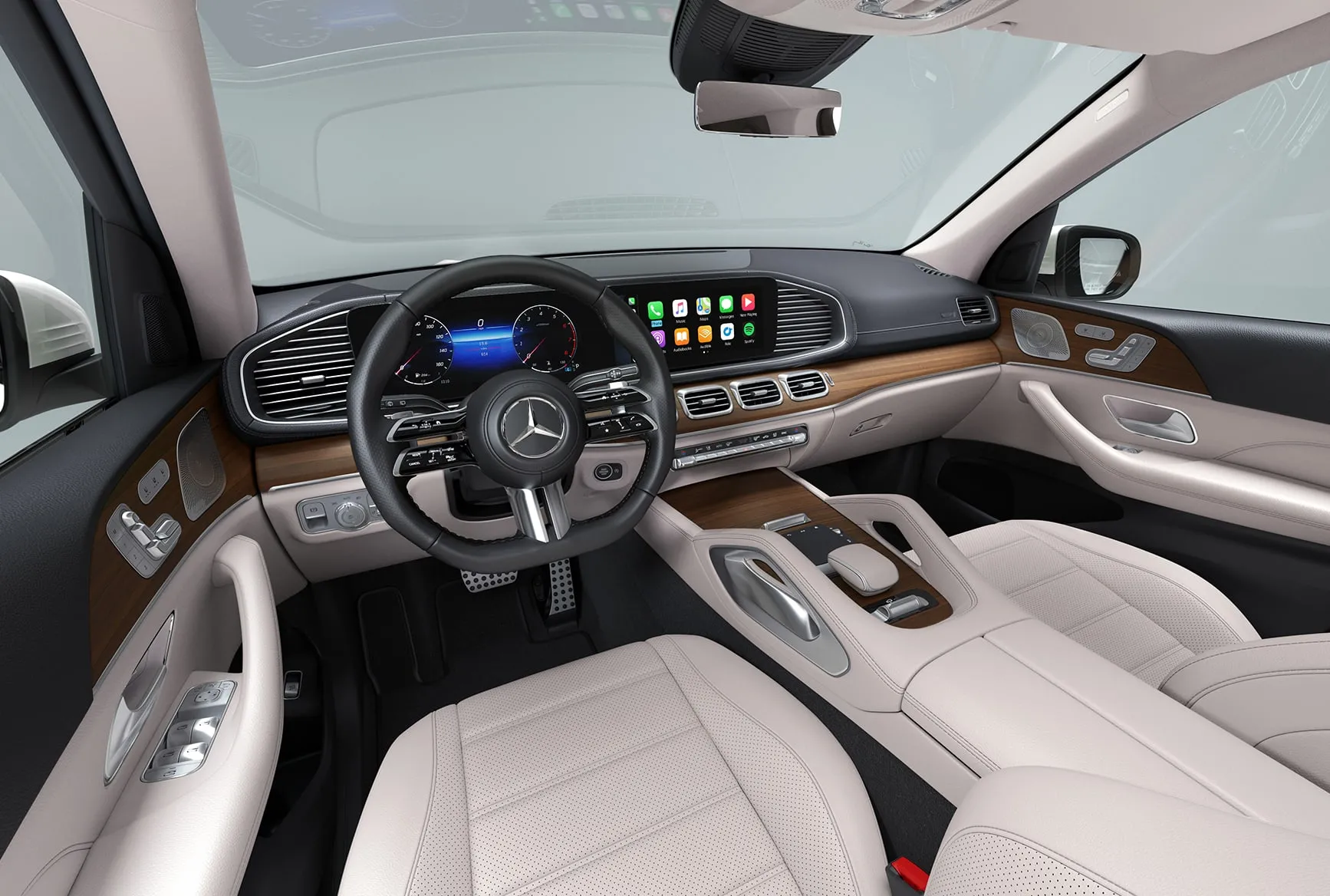 2027 Mercedes-Benz GLS interior with digital displays, leather seats, wood trim, and modern infotainment system.