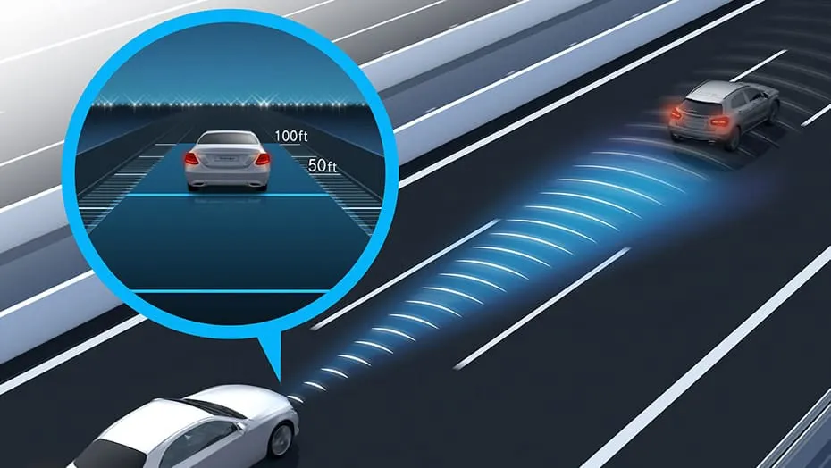 2027 Mercedes-Benz GLS driver assistance system illustration showing adaptive distance monitoring on a highway.