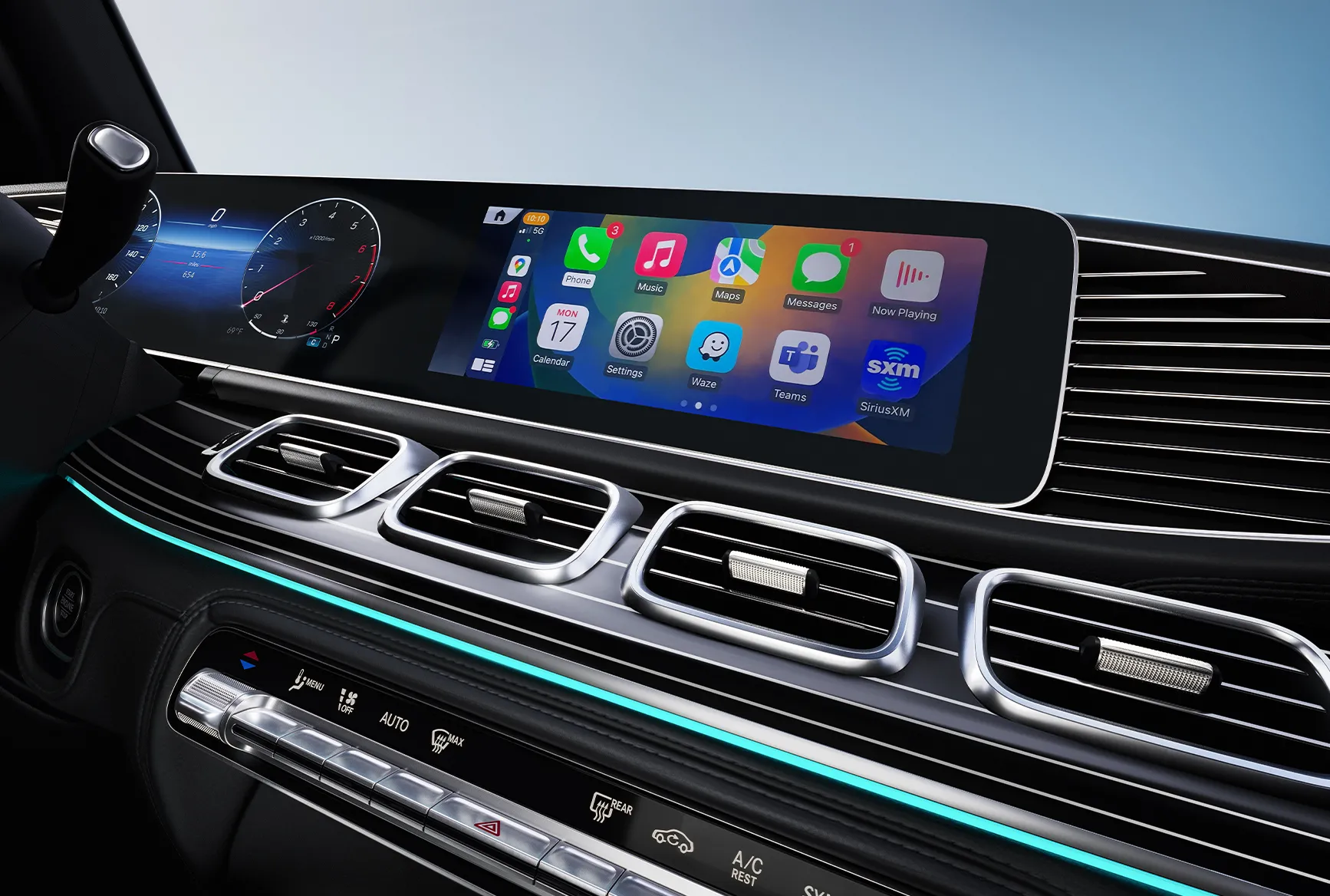 2027 Mercedes-Benz GLE dashboard screen showing Apple CarPlay and digital instrument features.