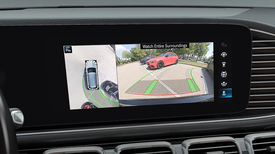 2027 Mercedes-Benz GLE screen showing a surround-view camera and parking assistance system.