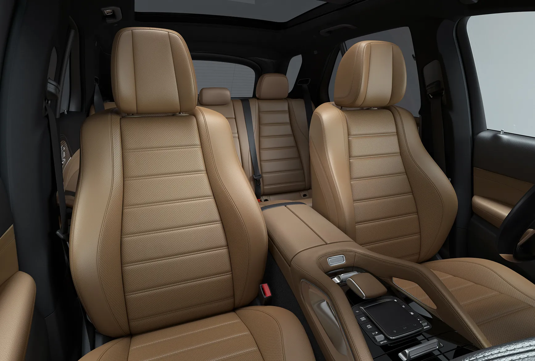 2027 Mercedes-Benz GLE front seats in tan leather with a spacious luxury interior layout.