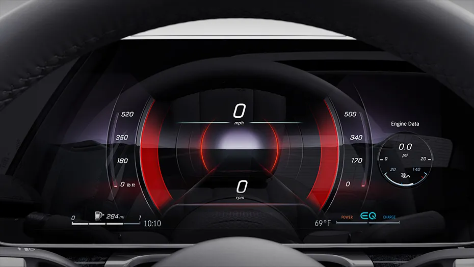 2027 Mercedes-Maybach S-Class digital instrument cluster with speed, engine data, and hybrid system display.