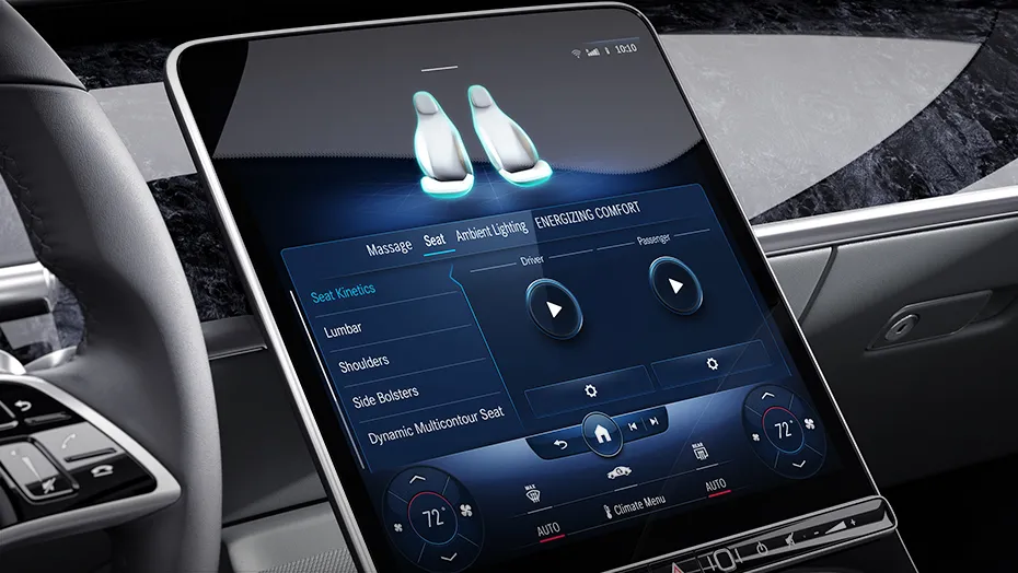 2027 Mercedes-Maybach S-Class touchscreen displaying massage seat controls, ambient lighting, and comfort settings.