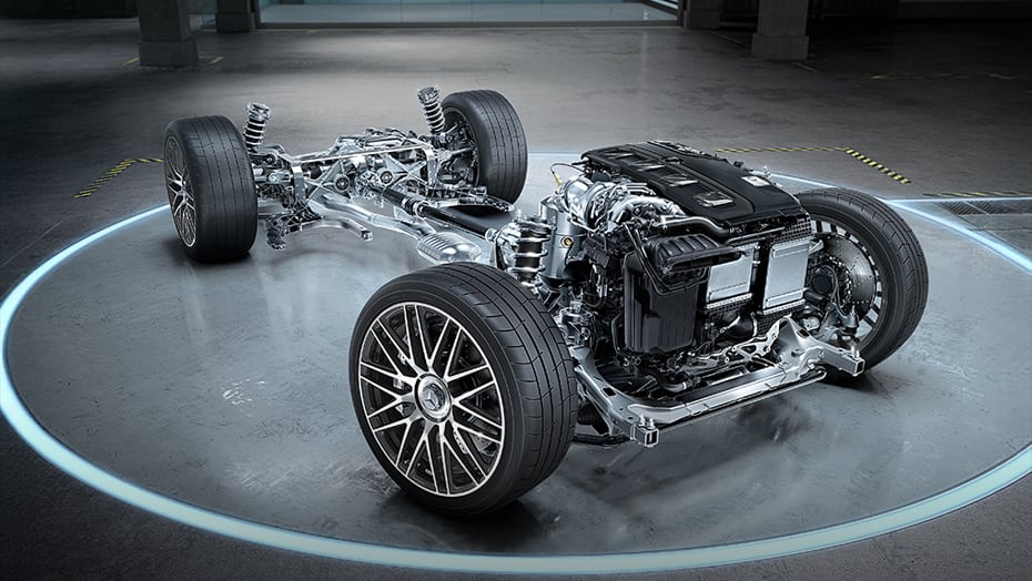 AMG Performance 4MATIC+ drivetrain chassis of the 2027 Mercedes-Benz AMG GT 55 Coupe.