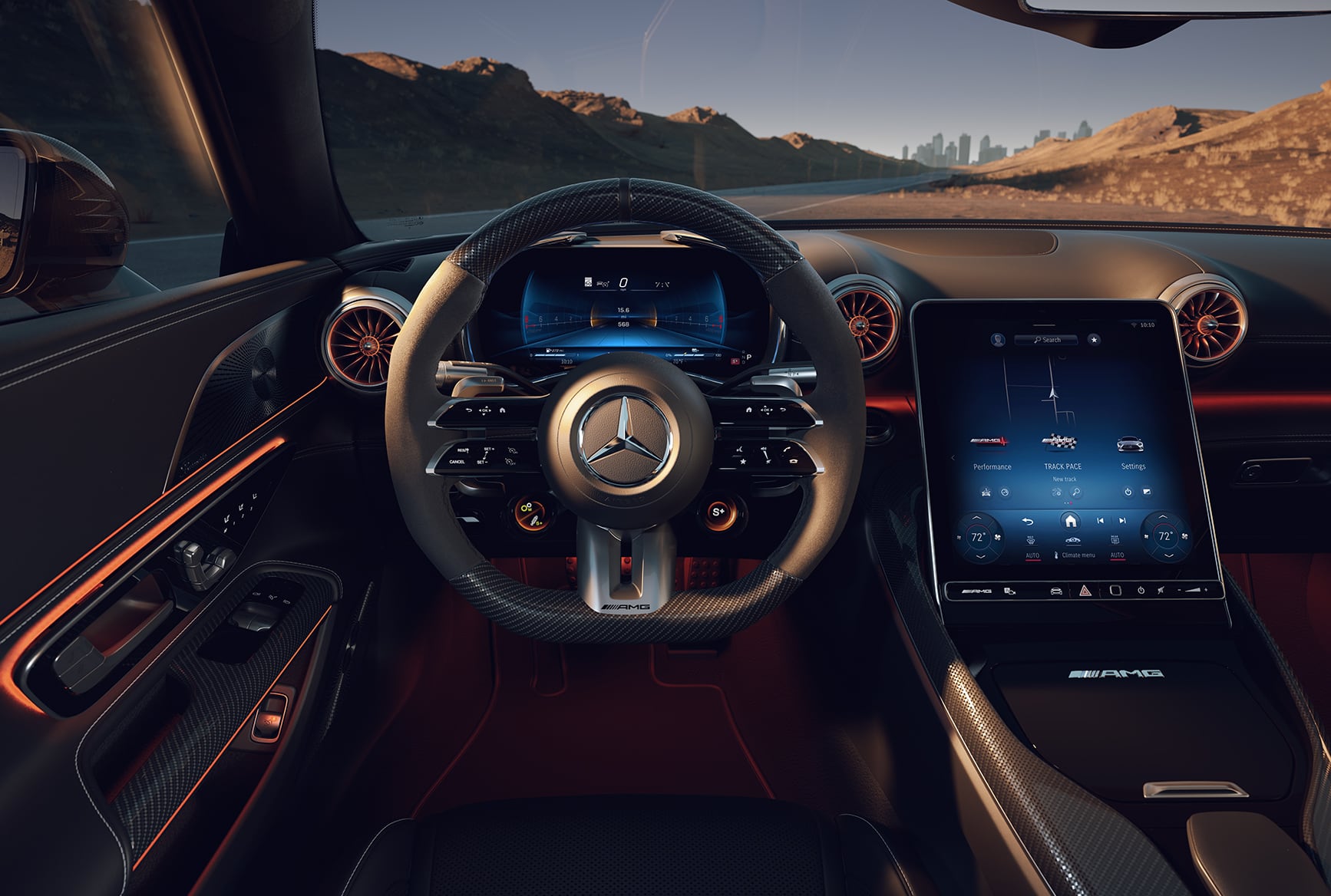 AMG steering wheel and digital displays inside the 2027 Mercedes-Benz AMG GT 55 Coupe.
