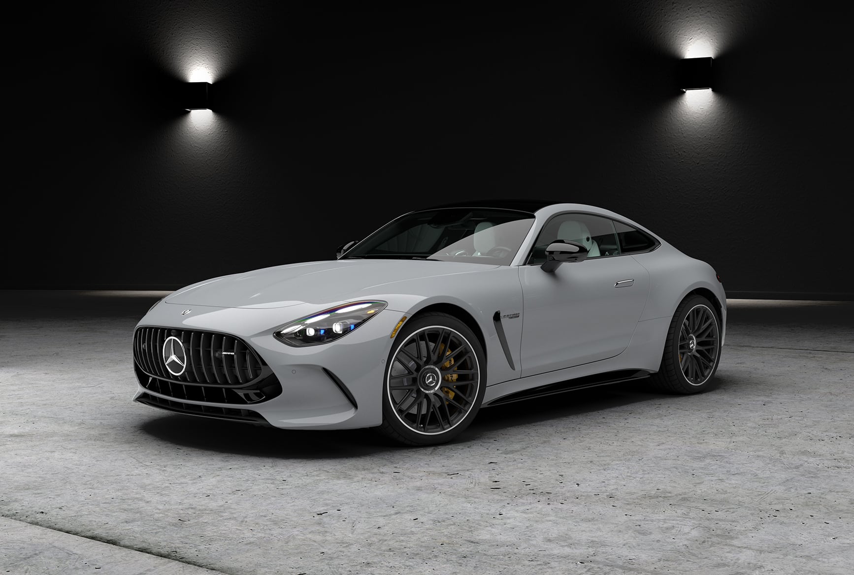 Front three-quarter view of a white 2027 Mercedes-Benz AMG GT 55 Coupe.