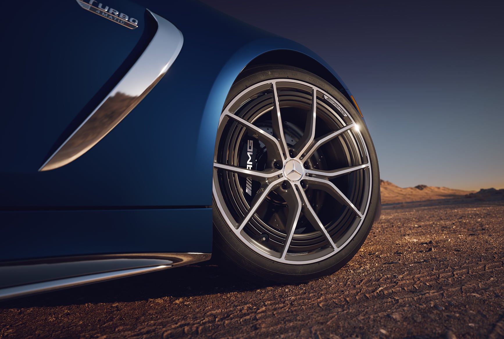 Close-up of the AMG wheel and high-performance brake on the 2027 Mercedes-Benz AMG GT 55 Coupe.