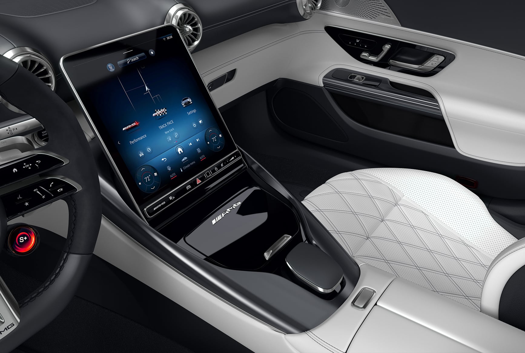 MBUX touchscreen and center console inside the 2027 Mercedes-Benz AMG GT 55 Coupe.