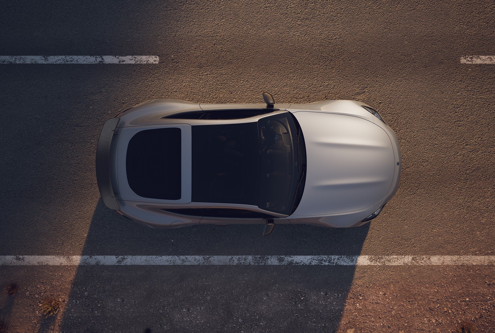 Overhead view of the 2027 Mercedes-Benz AMG GT 63 S E PERFORMANCE Coupe on the road.