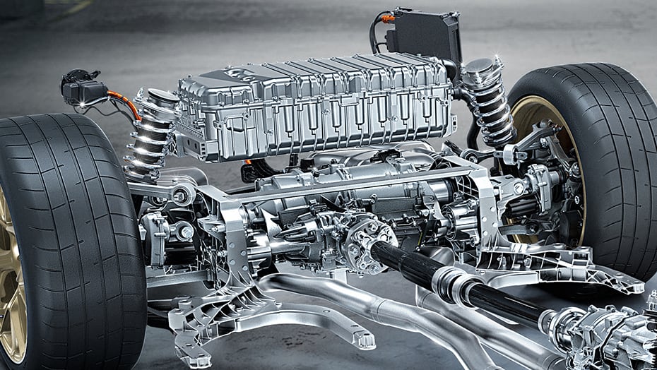 Rear electric motor and suspension assembly of the 2027 Mercedes-Benz AMG GT 63 S E PERFORMANCE Coupe.