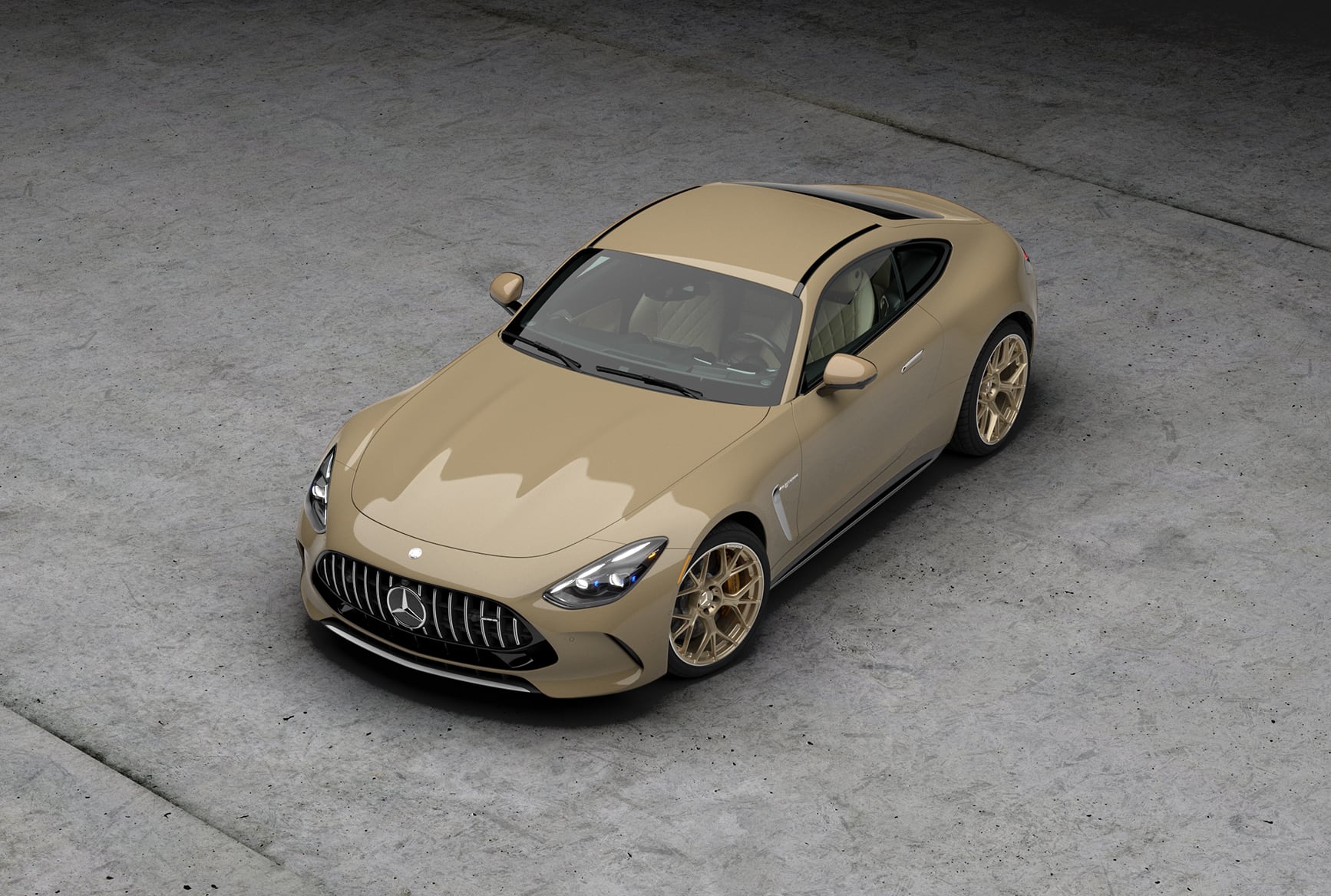 High-angle view of the 2027 Mercedes-Benz AMG GT 63 S E PERFORMANCE Coupe with gold wheels.