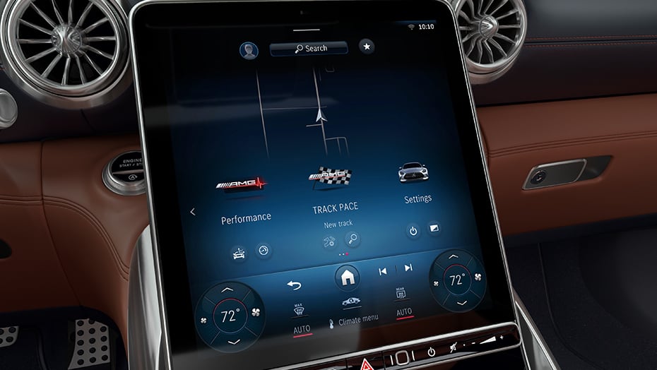 Third-generation MBUX touchscreen inside the 2027 Mercedes-Benz AMG GT 63 S E PERFORMANCE Coupe.