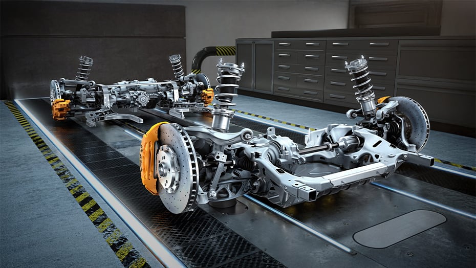 Suspension, steering, and braking components of the 2027 Mercedes-Benz AMG SL 63 Roadster.