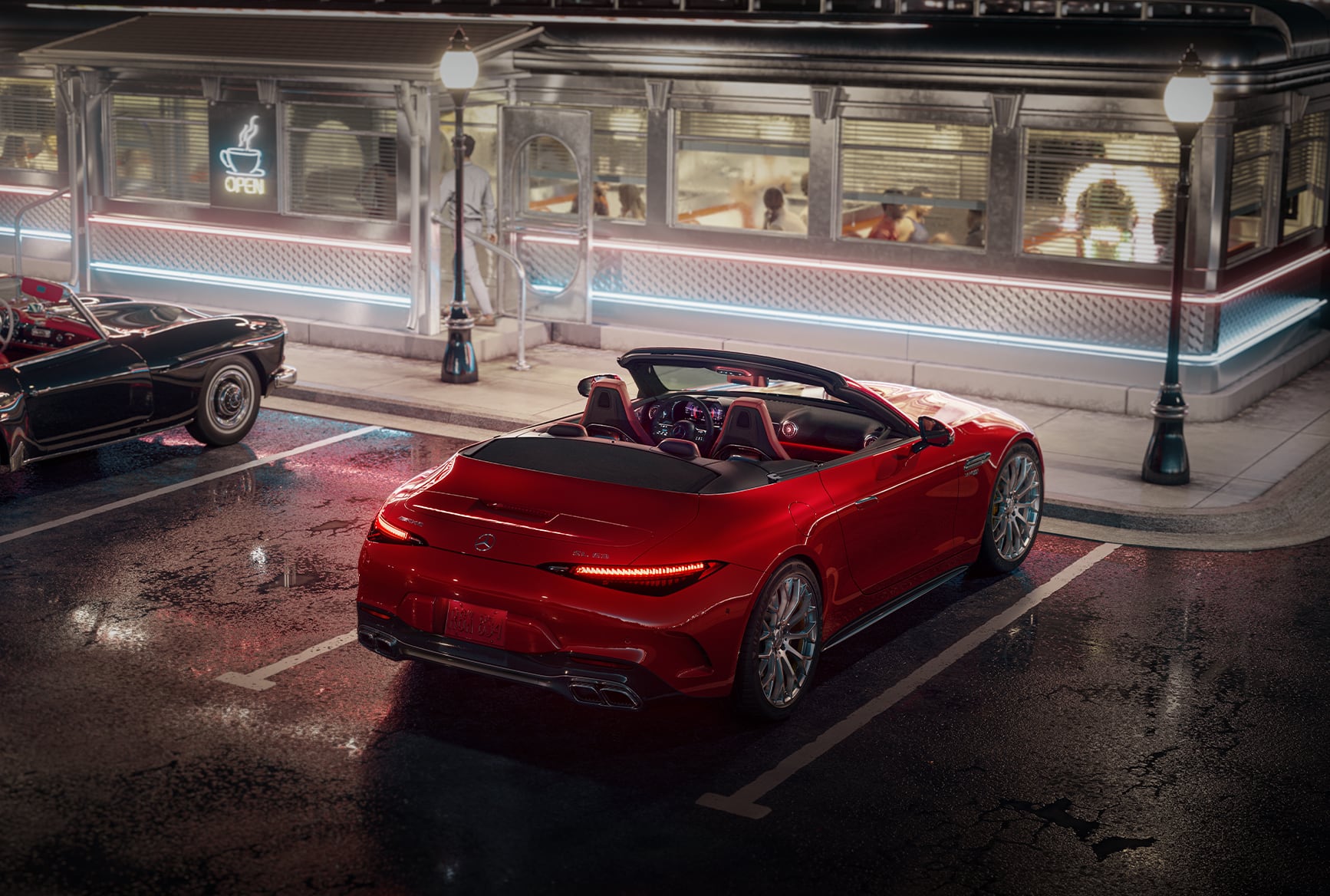 Red 2027 Mercedes-Benz AMG SL 63 Roadster parked outside a diner at night.