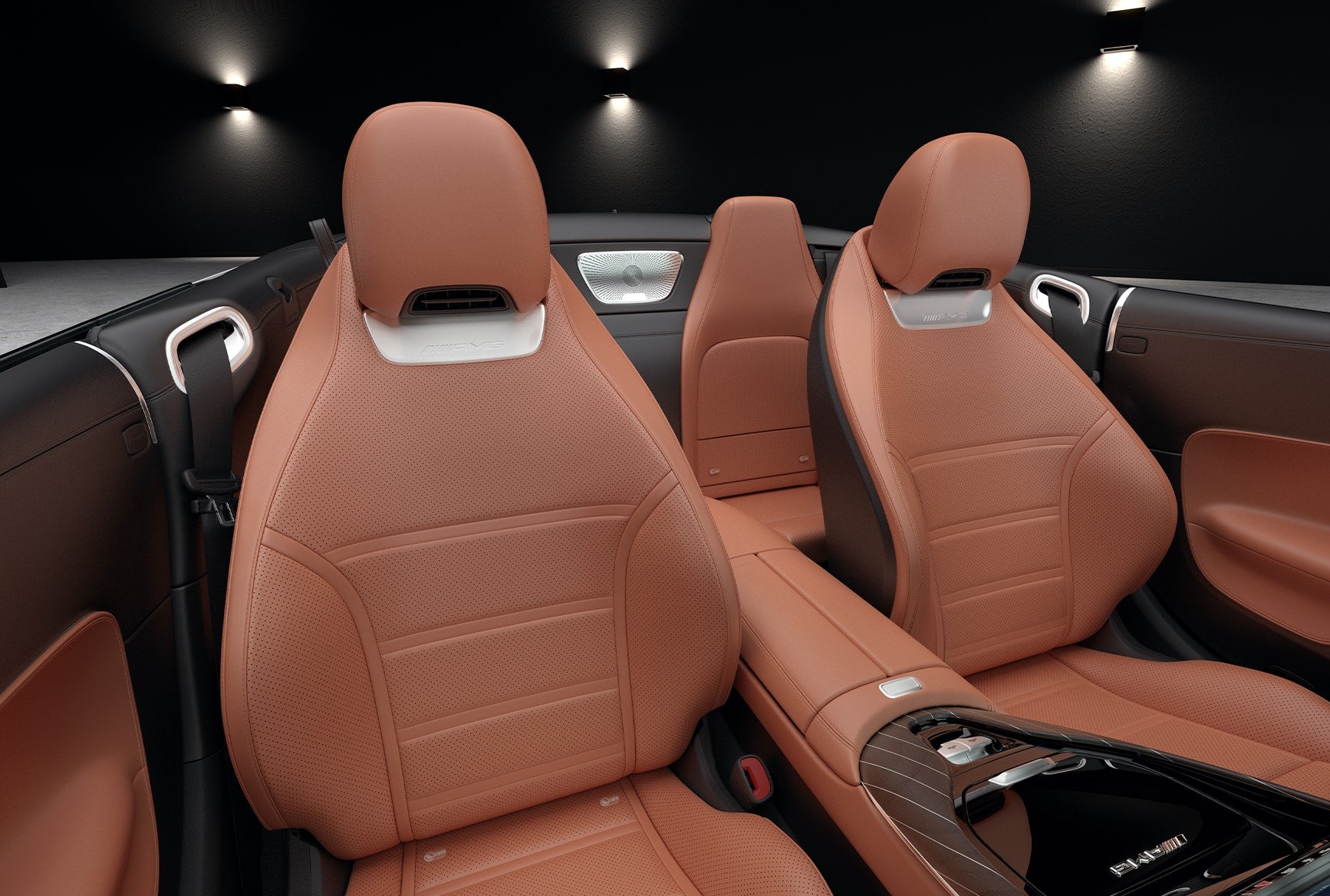 Four-passenger cabin with brown leather AMG seats in the 2027 Mercedes-Benz AMG SL 43 Roadster