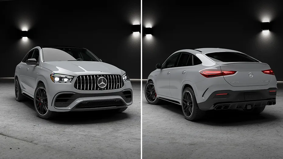 Front and rear three-quarter views of the silver 2027 Mercedes-AMG GLE 63 S Coupe.