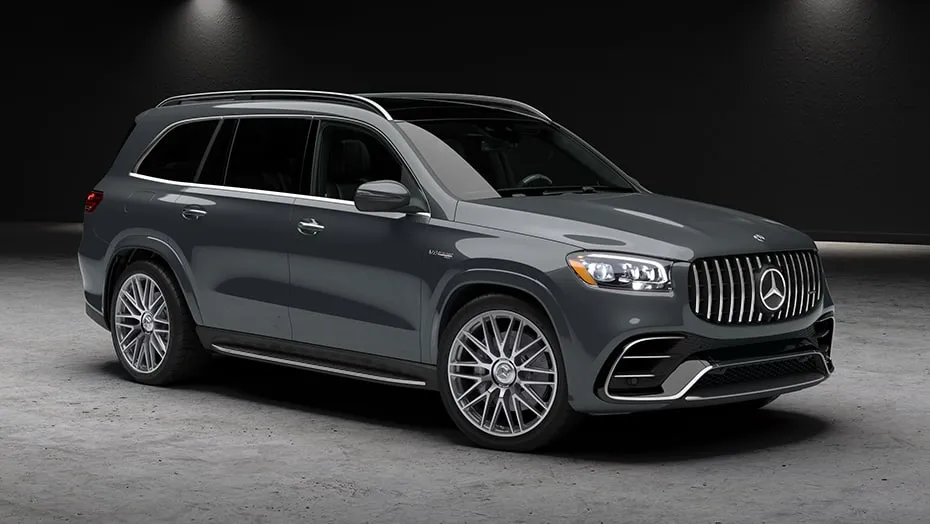 Front three-quarter view of the gray 2027 Mercedes-AMG GLS 63 luxury SUV.