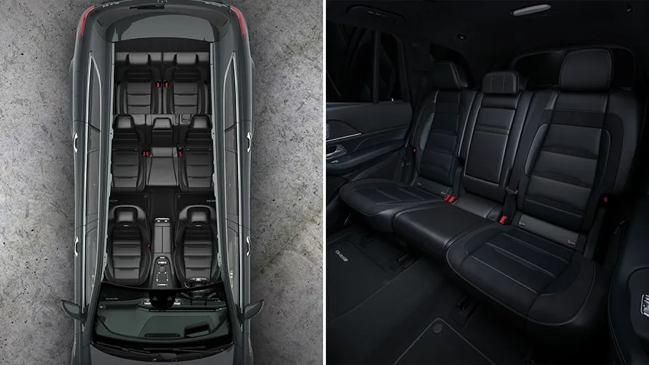 Overhead seating layout and black leather rear seats in the 2027 Mercedes-AMG GLS 63.