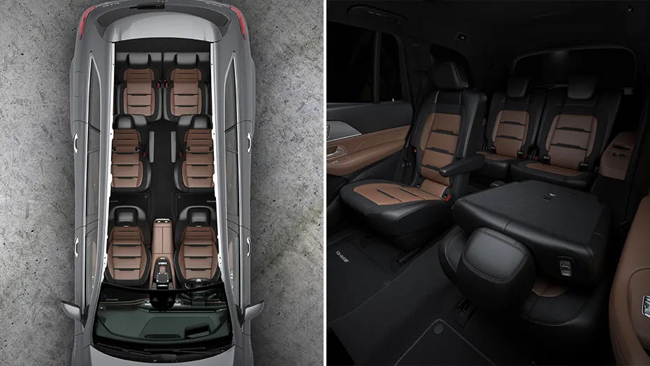 Seven-seat layout and brown-and-black leather rear cabin of the 2027 Mercedes-AMG GLS 63.