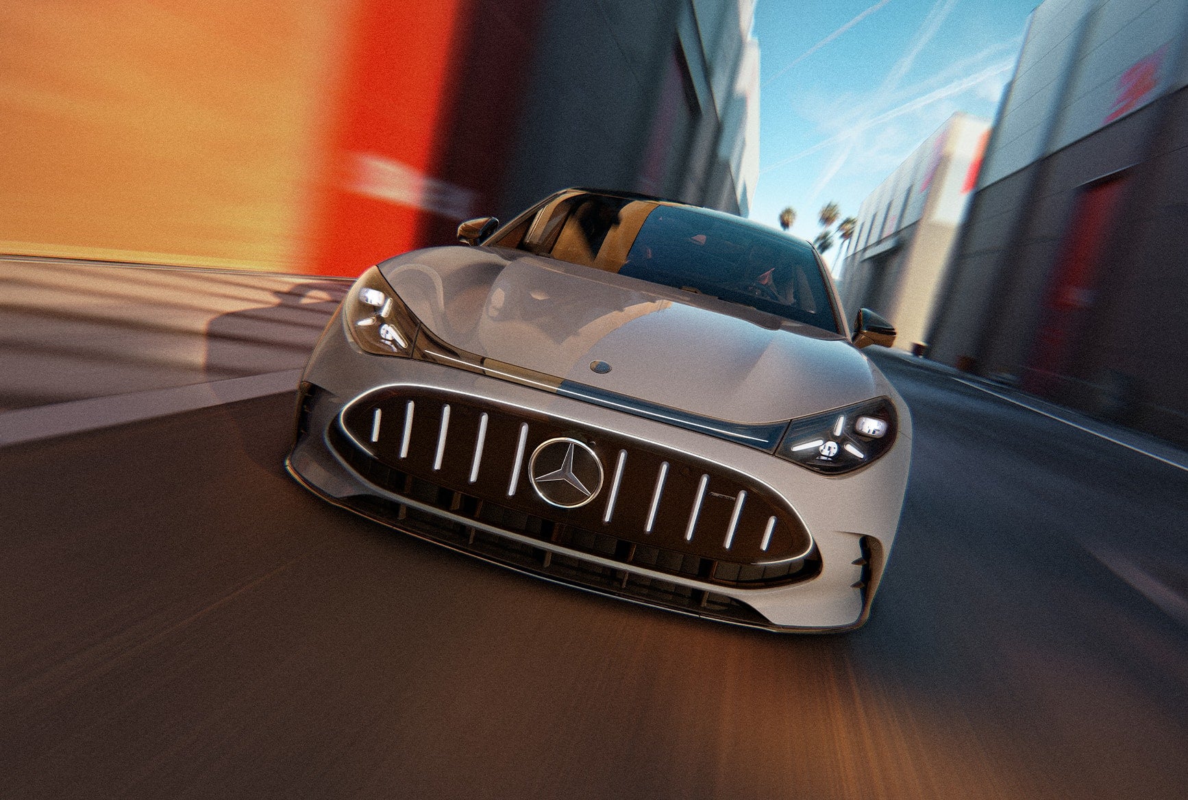 2027 Mercedes-AMG GT 4-Door Coupe front view driving through a city street with illuminated AMG grille.