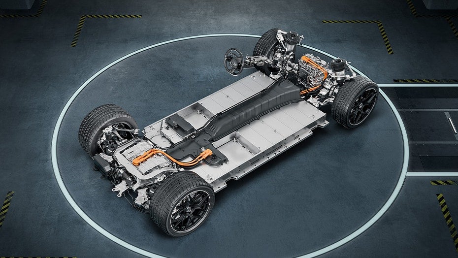 2027 Mercedes-AMG GT 4-Door Coupe AMG.EA platform with electric motors, battery layout, and performance drivetrain components.