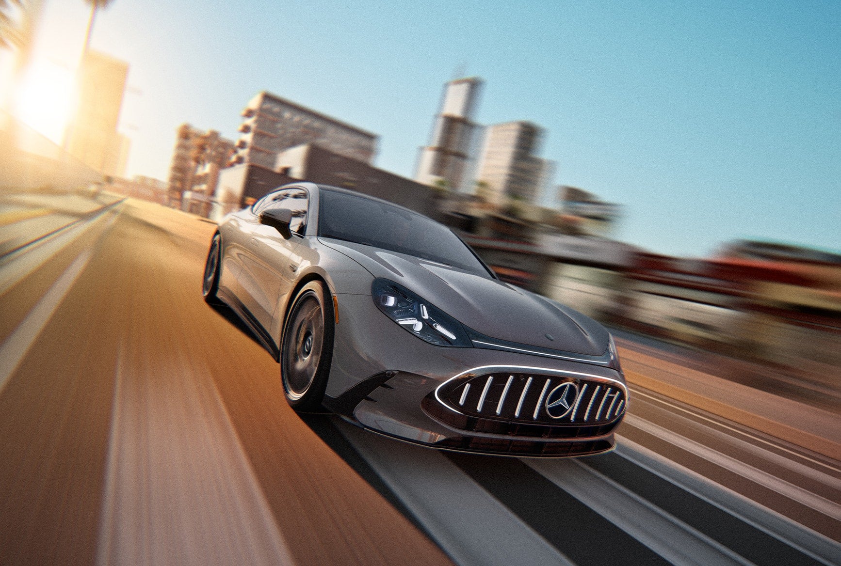 2027 Mercedes-AMG GT 4-Door Coupe front three-quarter view driving on an urban road with motion blur and AMG styling.