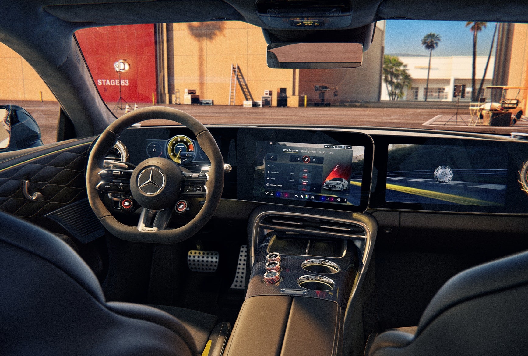 2027 Mercedes-AMG GT 4-Door Coupe interior cockpit with steering wheel, digital screens, center console controls, and sporty AMG design.