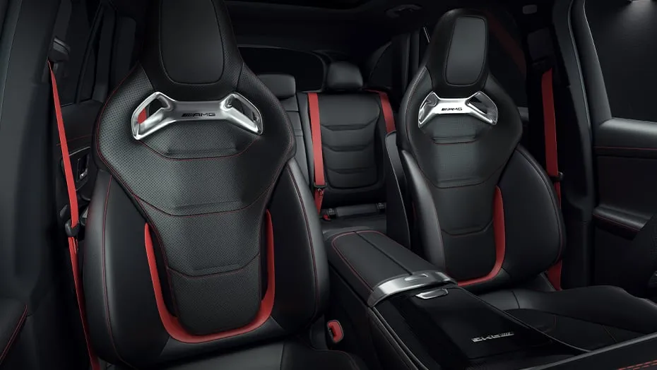 2027 Mercedes-AMG GLC 53 Coupe AMG sport interior seats with black and red accents.