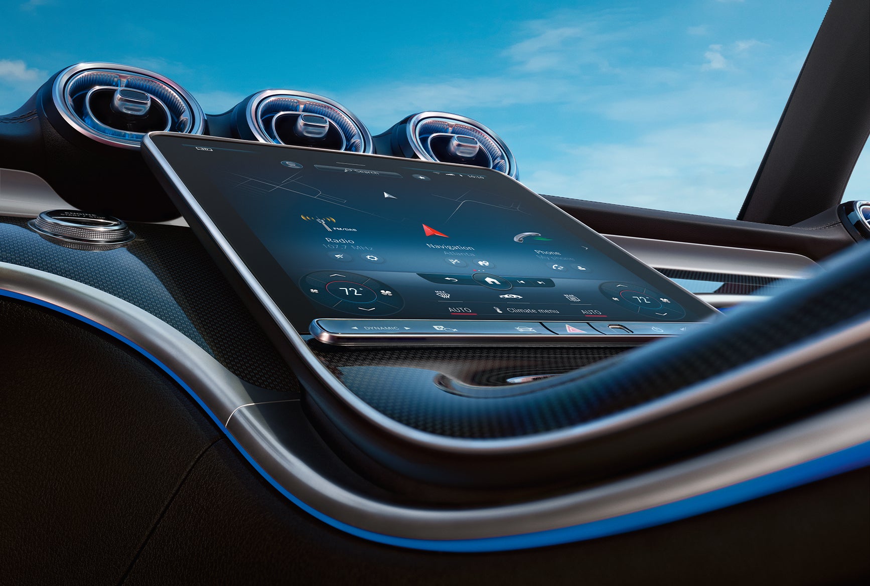 2027 Mercedes-Benz C-Class Sedan interior touchscreen display with navigation, climate controls, and digital interface.