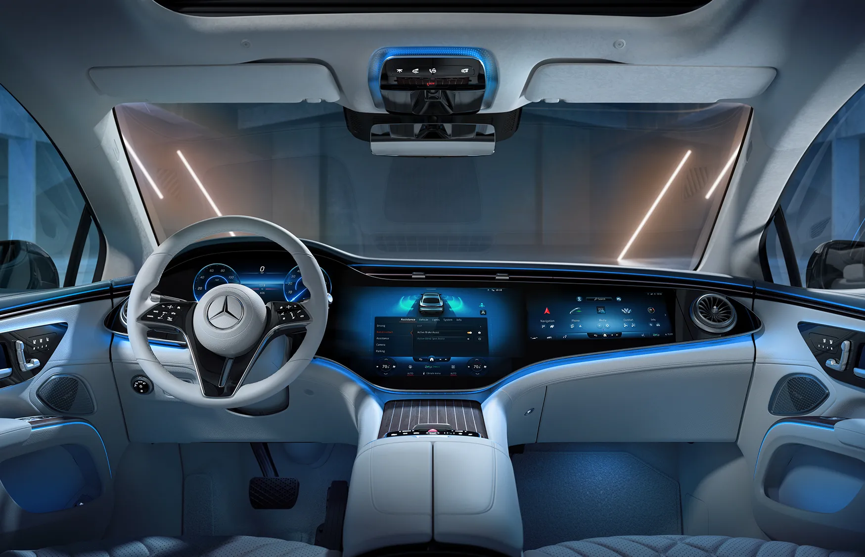 2027 Mercedes-Benz EQS Sedan interior with available MBUX Hyperscreen.